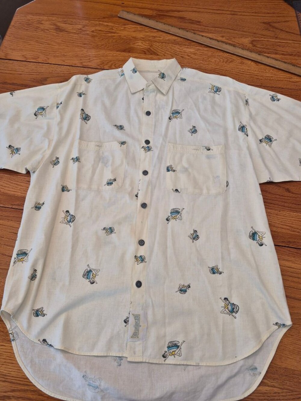 Basic Saturdays Blues Mens Button-Up Shirt Pin-Up Girl Print Short Sleeve Size L